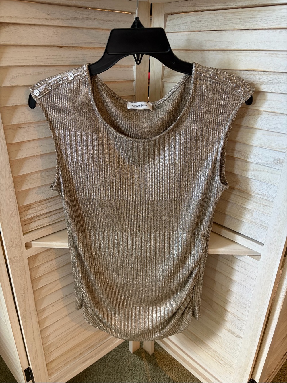 Calvin Klein Metallic Gold Ribbed Sleeveless Top with Shoulder Buttons